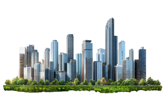 Urban Skyline with Modern Architecture and Green Spaces Isolated on Transparent Background. Vibrant Cityscape Featuring Skyscrapers and Parks Cutout PNG.