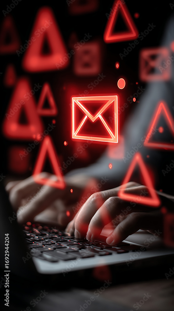 Poster glowing red digital envelope and triangles surrounding hands typing on a laptop technology communica