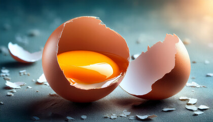 Cracked Eggshell With Yolk On Floured Surface In Soft Light