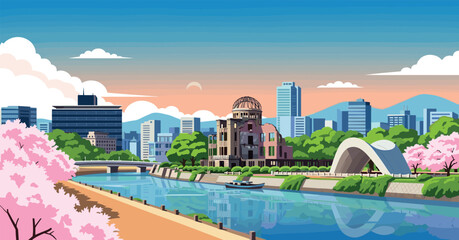 Hiroshima Vector Travel Poster, Cinematic Minimal Landscape Art