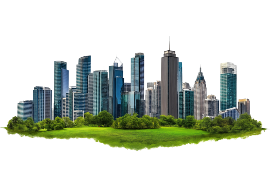 Urban Skyline with Modern Architecture and Green Spaces Isolated on Transparent Background. Vibrant Cityscape Featuring Skyscrapers and Parks Cutout PNG.