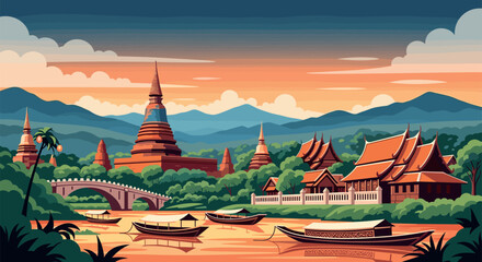 Chiang Mai Vector Travel Poster, Cinematic Minimal Landscape Art