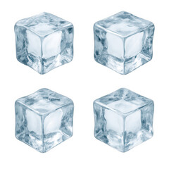 Photo of four clear ice cubes with frosty edges and internal cracks, isolated on a transparent background, representing coldness and refreshment