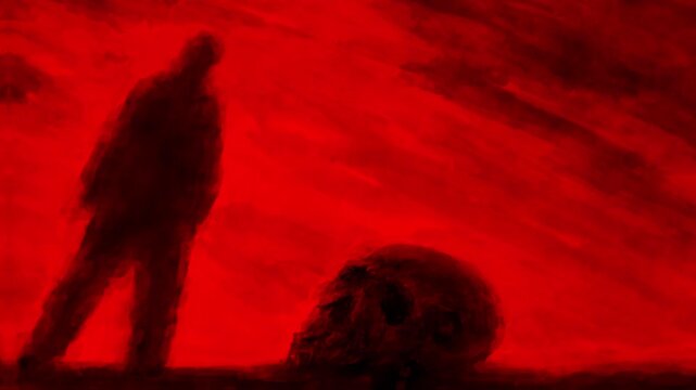 Dark man picks up the sacred skull and places it on his forehead. Scary grunge animation on black and red background. Motion graphics for music clips and VJ loops. 4K animated video clip.