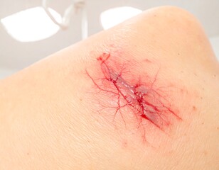 Fototapeta premium A bloody, open wound on a light-skinned knee
