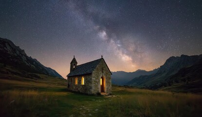 Mountain chapel under starry night sky