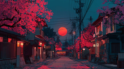 a full moon night in an old japanese street, with pink trees and purple clouds, in the style of anime