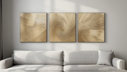 Textured triptych wall art above a modern sofa with neutral cushions in a well lit room