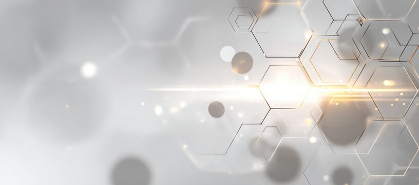 Abstract technological background with a network of hexagons and glowing particles.  Light gray and white tones