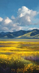 Vast yellow flower field, mountains, blue sky