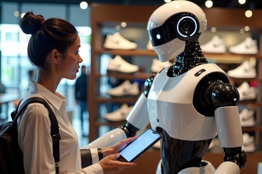 Humanoid Robot Experimenting with Virtual Sneakers in an Augmented Reality Shopping App.