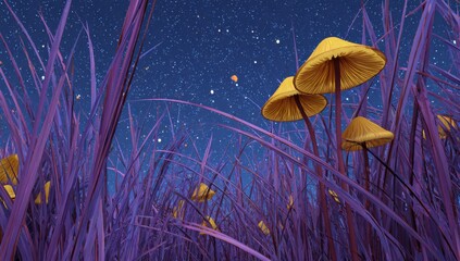 Nighttime meadow with mushrooms