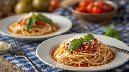 Two plates of spaghetti with tomato sauce, garnished with fresh basil and grated cheese, are served on a blue checkered tablecloth, with utensils and tomatoes in the background.