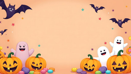 Spooky halloween border with pumpkins ghosts and bats
