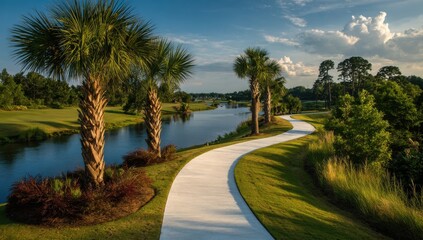 Obraz premium Scenic walkway by a tranquil waterway