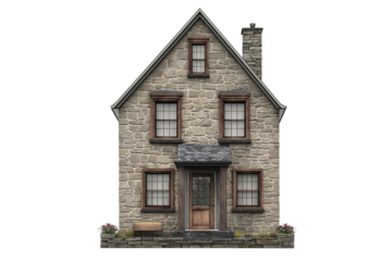 American House with Stone Facade Isolated on Transparent Background. Modern Stone-Faced Home Cutout PNG.