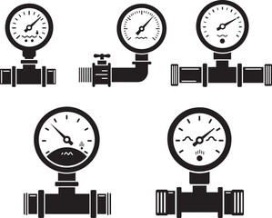 Set of five industrial pressure gauge pipe fitting silhouettes
