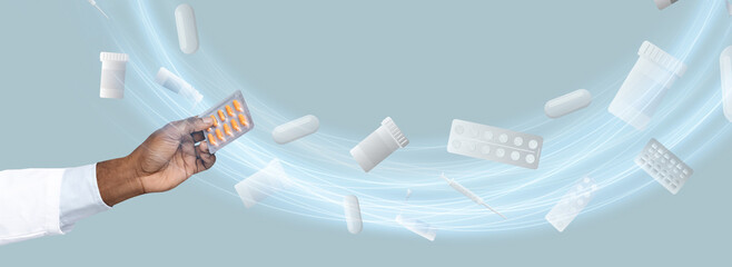 A doctor in a white coat is releasing a handful of colorful pills into the air, while various...