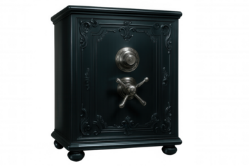 Old-fashioned, ornate safe showcasing security and wealth, isolated on a transparent background, perfect for finance or history projects