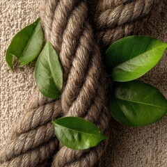 Twined rope with fresh leaves on a textured surface
