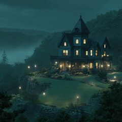 Misty mansion perched on a cliff overlooking a valley at twilight