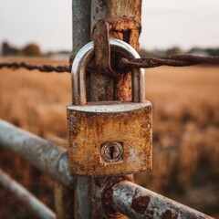 Rusty padlock on an old fence