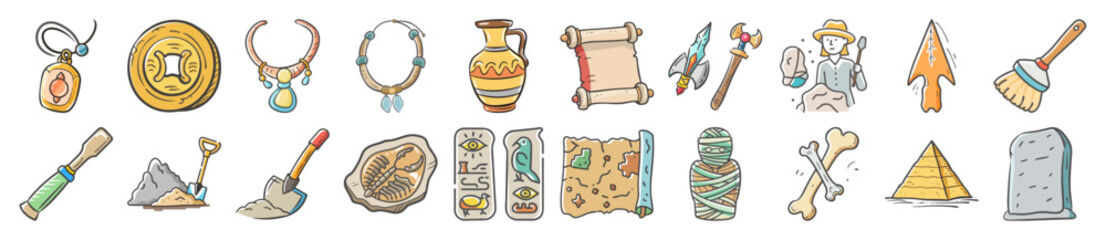 Hand drawn archaeology and ancient history icons - Collection of colorful hand drawn archaeology icons featuring artifacts, scrolls, tools, pyramids, fossils, bones, jewelry, pottery, and ruins.