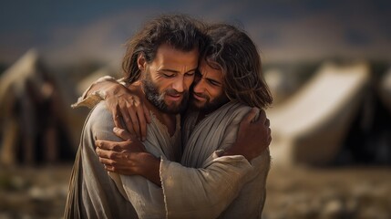 Esau and Jacob embracing after years apart, standing on a dusty plain under golden light, tears in their eyes, family and flocks gathered in the distance, reconciliation glowing in the air.