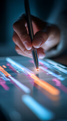 Hand holding stylus interacting with glowing digital financial charts image