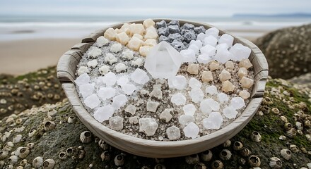 A rustic ceramic bowl overflowing with a diverse collection of seashells and beach treasures arranged artfully on a rocky shore overlooking the ocean