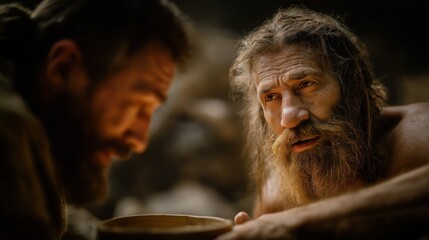 Esau handing over his birthright, exhausted and slumped on a rock, Jacob standing with a bowl of stew in hand, desert horizon glowing with fading sun, tension between survival and destiny.