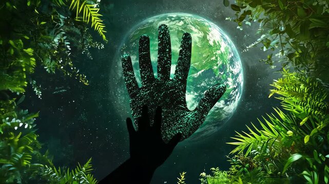 Hand against green background. Selective focus. Nature.