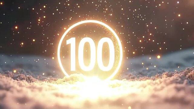 Glowing 100 with golden fireworks and radiant ring on dark backdrop, milestone celebration over textured surface  
