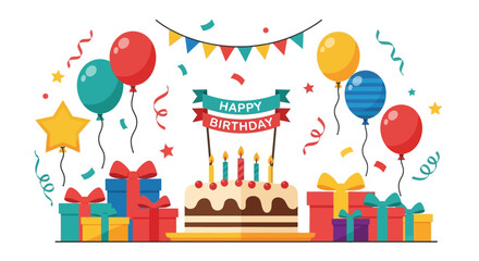 Festive Birthday Cake with Candles, Balloons, and Gifts