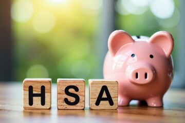 Close-up of wooden blocks spelling out HSA next to a piggybank, representing financial planning and health savings accounts.