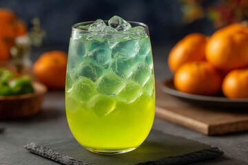 Tall glass of Witches Brew Lemonade with green citrus drink with frozen fingers, ice cubes, oranges on dark textured surface. Concept of Witches Brew Lemonade in warm kitchen.