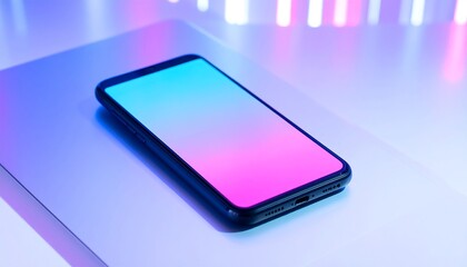 Smartphone with vibrant gradient screen in neon lighting