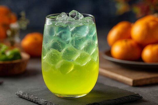 Tall glass of Witches Brew Lemonade with green citrus drink with frozen fingers, ice cubes, oranges on dark textured surface. Concept of Witches Brew Lemonade in warm kitchen. - Powered by Adobe