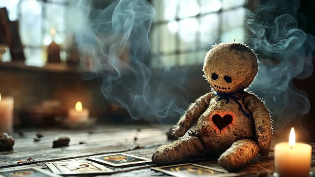 voodoo doll on magic table. Smog.