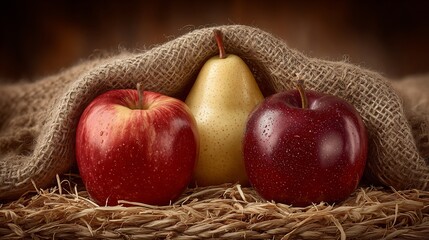 Rustic Still Life: Apples and Pear Under Burlap