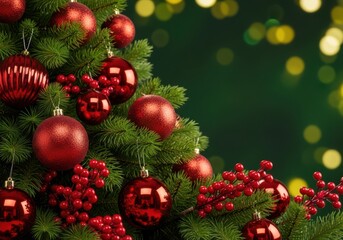 Fototapeta premium Closeup of a beautifully decorated christmas tree with sparkling red ornaments and berries, set against a blurred green background with bokeh lights