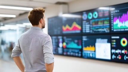 Businessman analyzing data dashboard – finance, analytics and digital technology concept