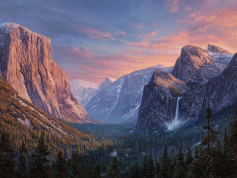 Breathtaking view of Yosemite Valley with towering granite cliffs and vibrant sunset sky perfect for travel adventures and nature inspiration