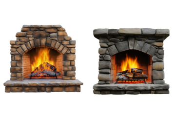 Fire in Fireplace Isolated on White Background. Cozy Fireplace with Burning Fire Cutout PNG.