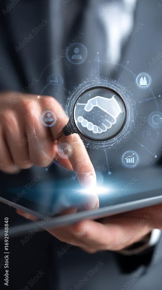 Aufkleber hand touching digital interface with handshake icon and network connections image