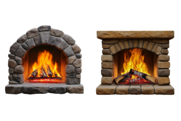 Fire in Fireplace Isolated on White Background. Cozy Fireplace with Burning Fire Cutout PNG.