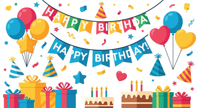Happy Birthday Celebration Scene with Colorful Banners, Balloons, Gifts, and Cakes