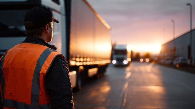 Truck driver wearing high visibility vest monitoring trucks at sunset
