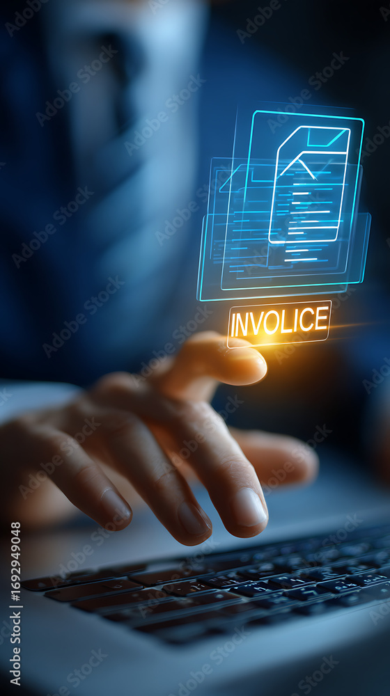 Aufkleber hand touching glowing invoice icon on digital screen over keyboard image
