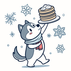 Charming SVG of a Funny Husky featuring balancing a stack of pancakes, styled in a Cozy winter theme with Frosty Winter hues